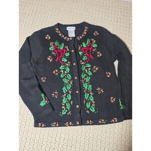 B.P. Design Cardigan Women Small Black Excellent Christmas Holly Embroidered
